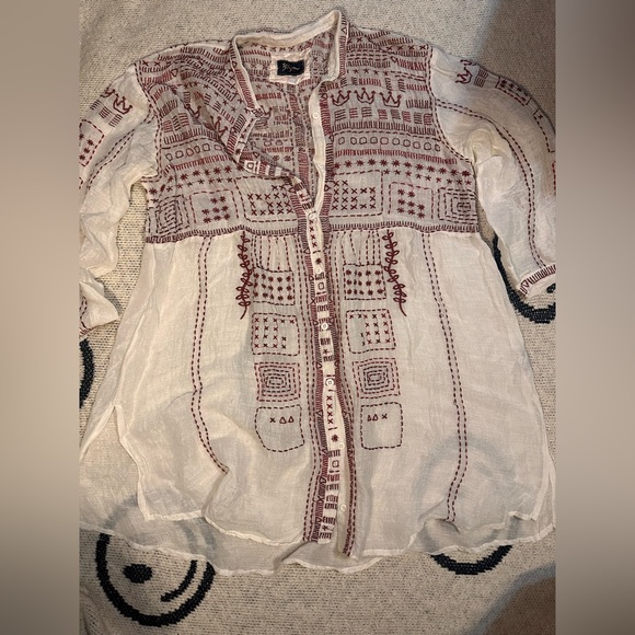 Johnny Was Ivory and Burgundy Embroidered Blouse - Picture 2 of 8